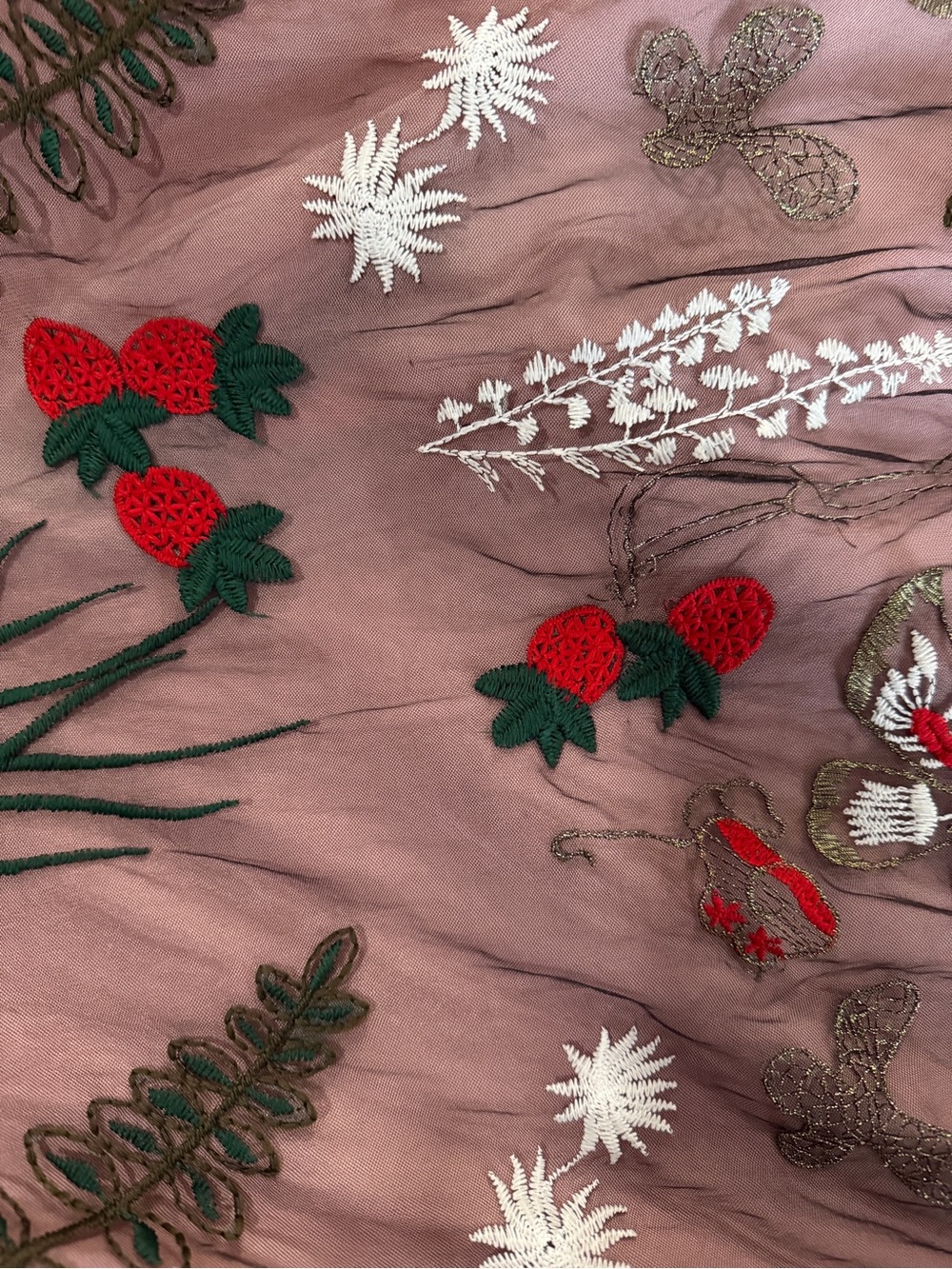 Dreamgirl Mauve Embroidered Strawberry Midi Dress with Red & Green Accents